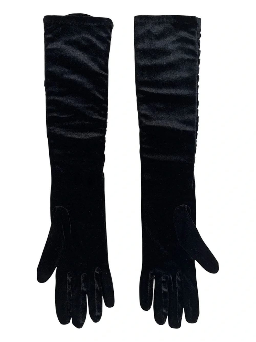 Women's Black Opera-Length Velvet Gloves with Ruched Detail